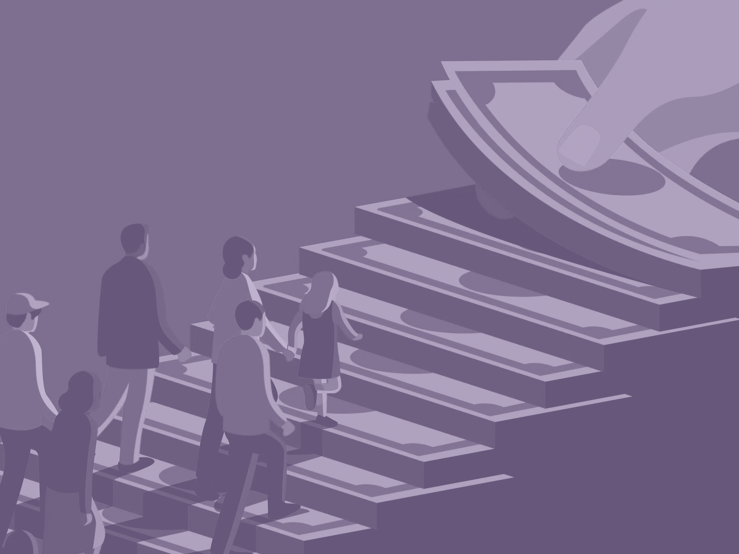 Cartoon figures of people walking up a staircase made of cash
